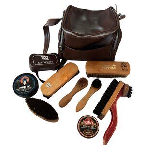 Vintage‎ Vegan Leather Shoe Shine Kit Brown Box w/ Brushes Polish & Oil Handle
